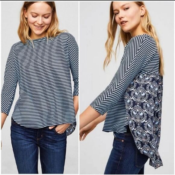 LOFT Blue Mixed Media Top Women's Small Blouse Striped/Paisley Chiffon/Knit Tee - Picture 1 of 12